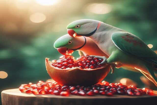 Parakeets Eat Pomegranate